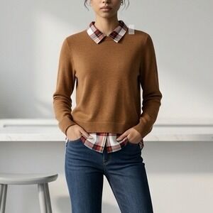 J.Crew Sweater Women Large Brown Plaid Layered‎ Look AF729 Preppy Dark Academia